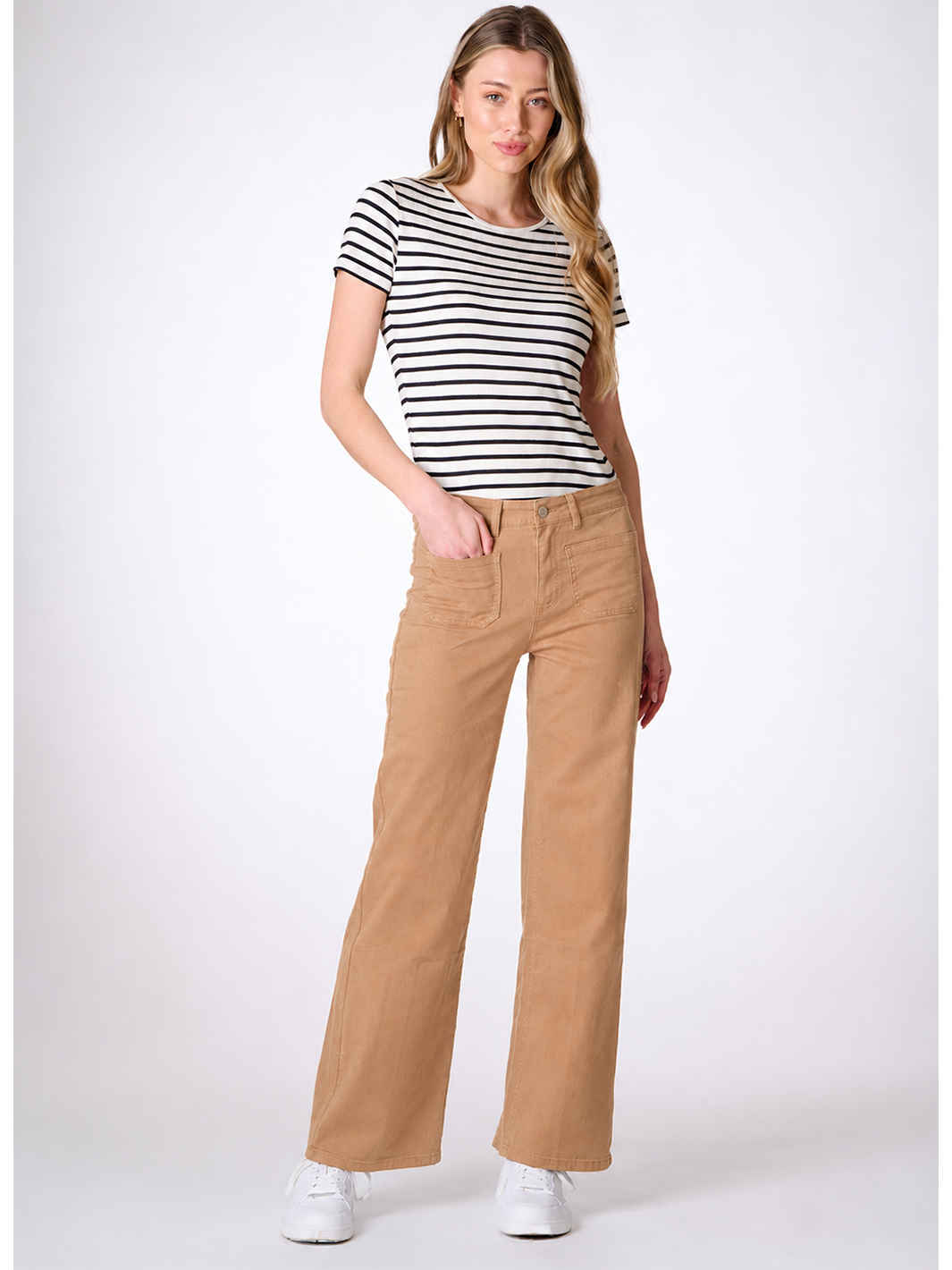 Malani Tan Wide Leg Pant — full body front facing with movement — Bianco Jeans