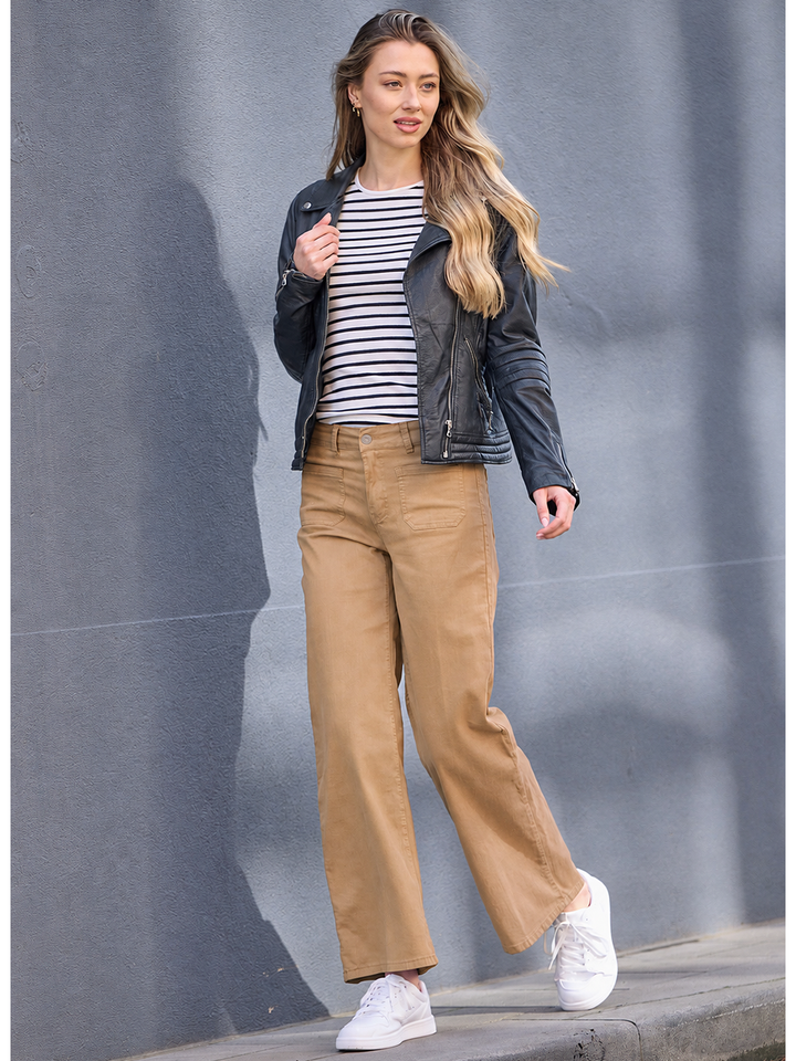 Malani Tan Wide Leg Pant — lifestyle styled with movement — Bianco Jeans