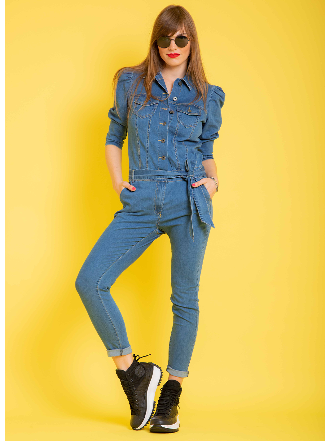 Nina Denim Jumpsuit — full body front view in motion, soft stretch denim jumpsuit | Bianco Jeans