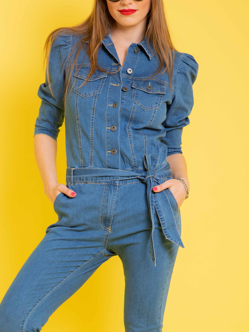 Nina Denim Jumpsuit — close up of button-through bodice with chest pockets and self-tie belt | Bianco Jeans