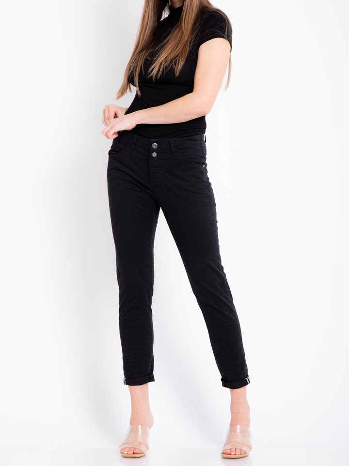 Ricky Black Pant — full body front facing view in motion, soft stretch cotton slim boyfriend fit | Bianco Jeans