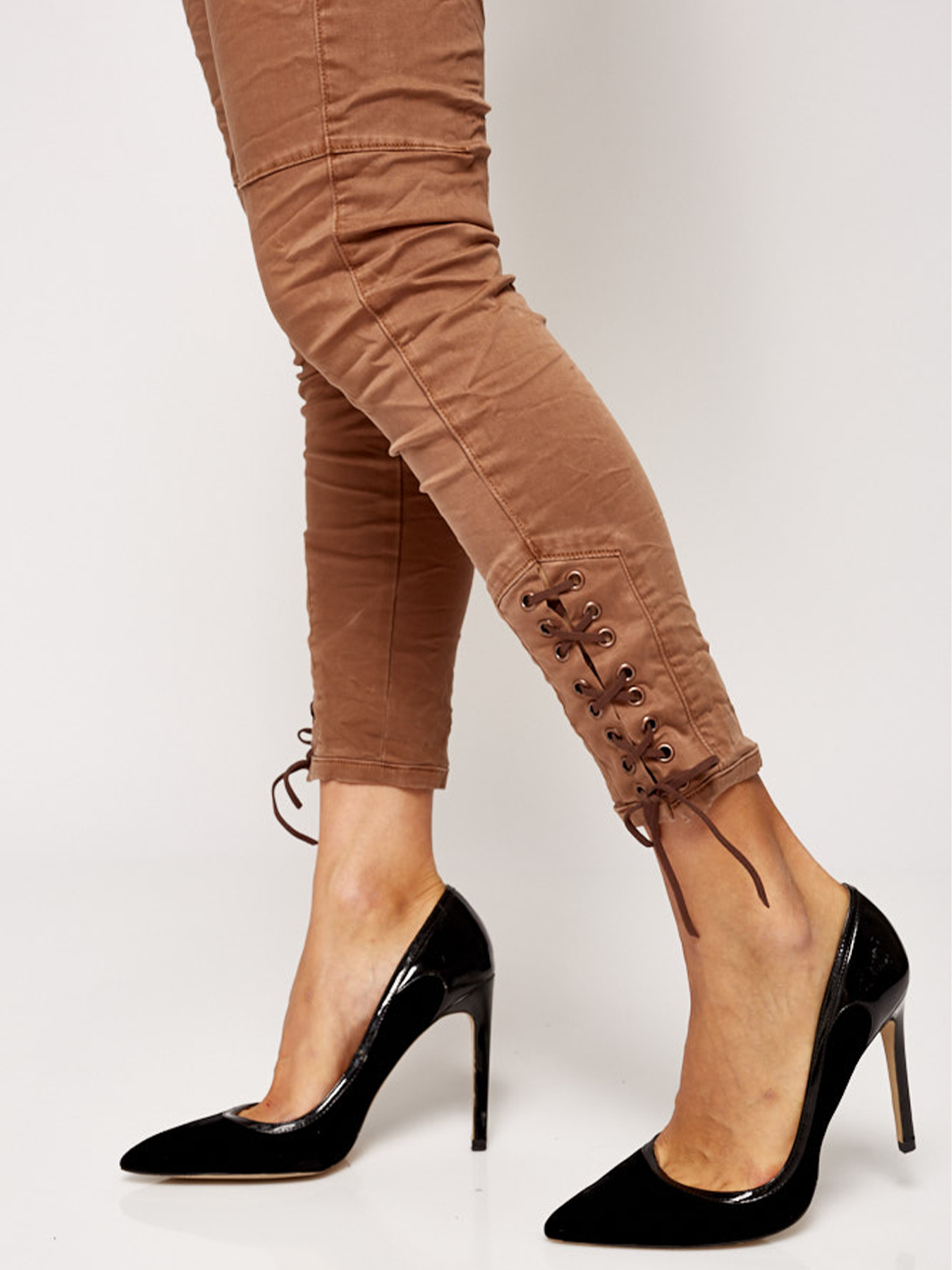 Rosario Chocolate Riding Pant — close up ankle lace-up detail — Bianco Jeans
