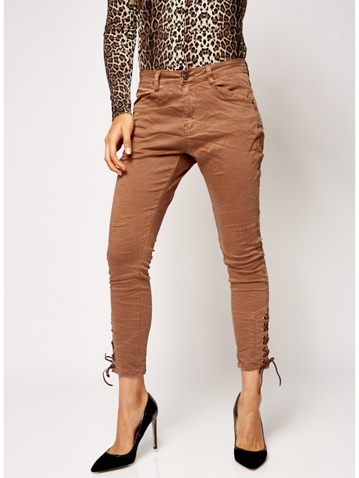 Rosario Chocolate Riding Pant — half body front facing — Bianco Jeans