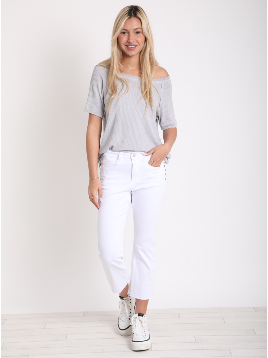Ryan White Straight Leg Jean — full body front styled look, stretch white denim with silver-tone button detail | Bianco Jeans