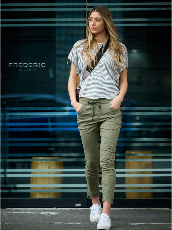 Samantha Olive Jogger — full body front view styled lifestyle | Bianco Jeans