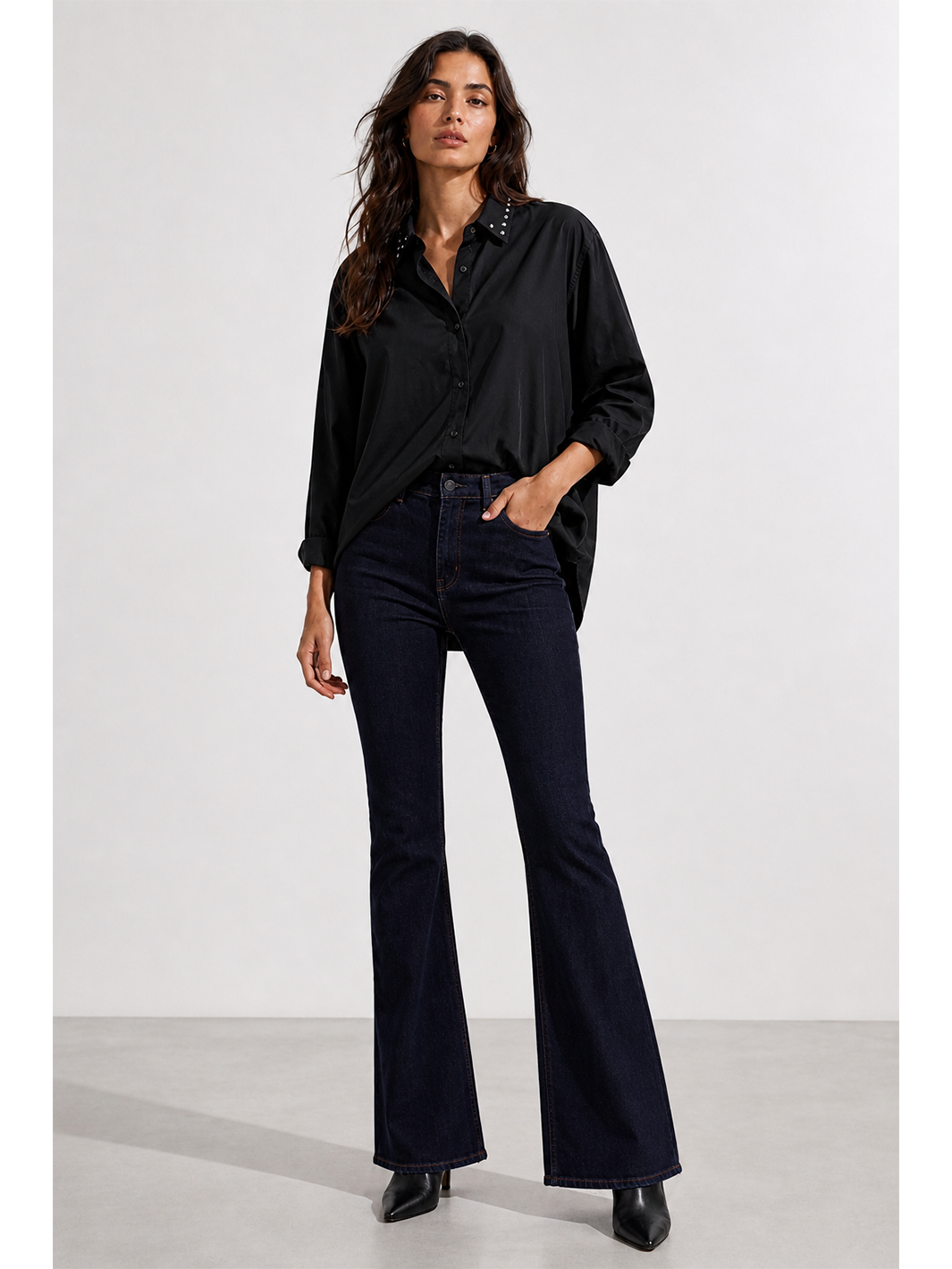 Sloane Shirt - Black - Full Body Front Facing Styled | Bianco Jeans