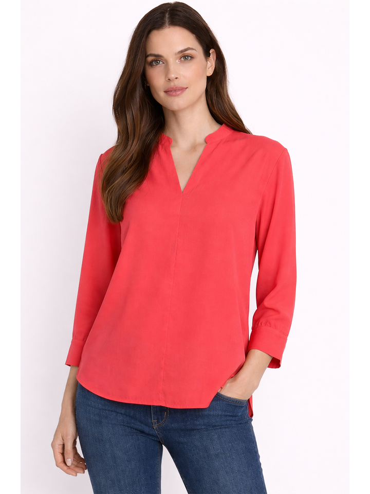 Willa Shirt Coral Red - Half Body Front Untucked | Bianco Jeans