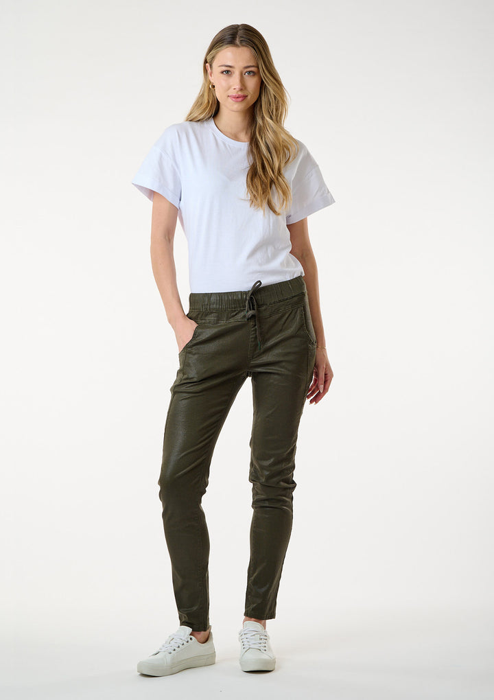 Active Pant – Olive — front facing image with movement | Bianco Jeans